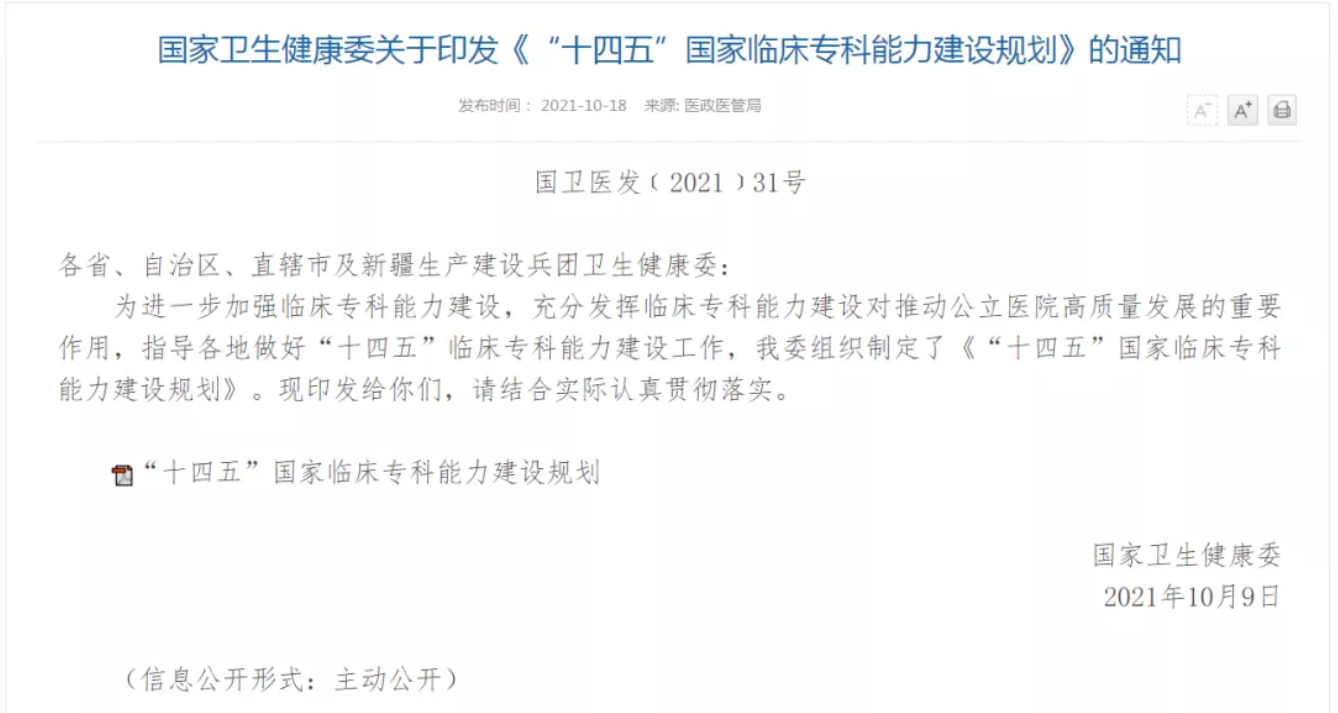 国家卫健委发文：5年内，新增5000个省级临床重点专科建设
